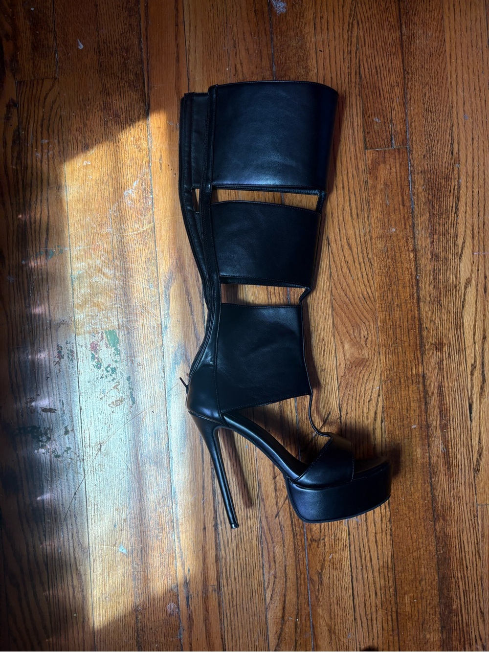 Black High-Stiletto Cutout Platform Knee-High Boots
